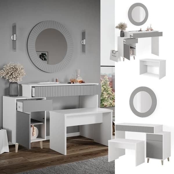 Sminkbord med bänk - Vicco - Arles - Vit Ljusgrå