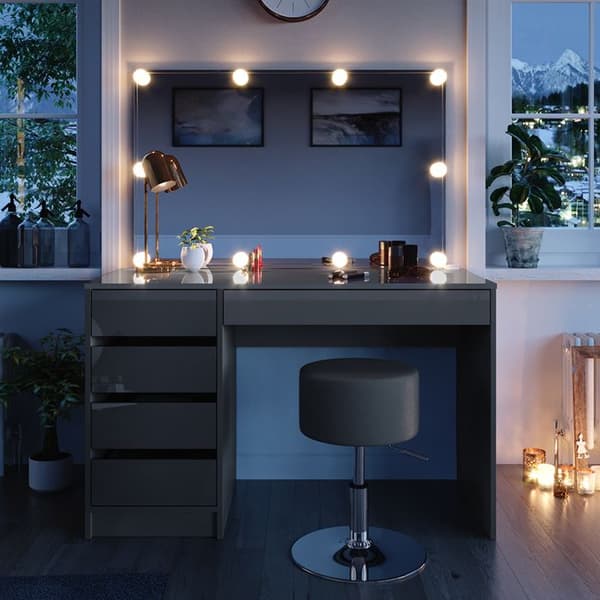 Sherry sminkbord, 120 cm med LED-belysning och pall, Grå, Vicco
