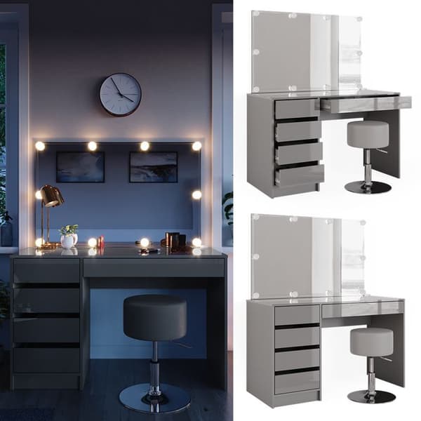 Sherry sminkbord, 120 cm med LED-belysning och pall, Grå, Vicco