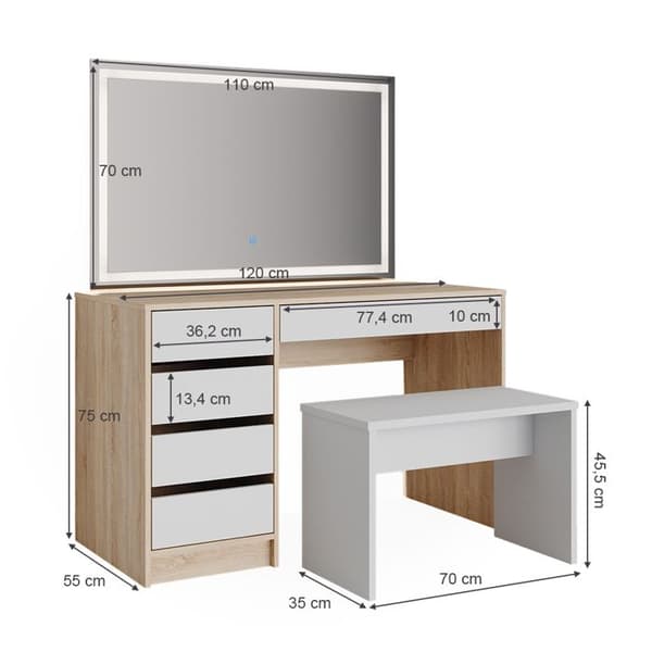 Vicco Sherry sminkbord, Vit/Sonoma, 120 cm med LED-spegel och pall