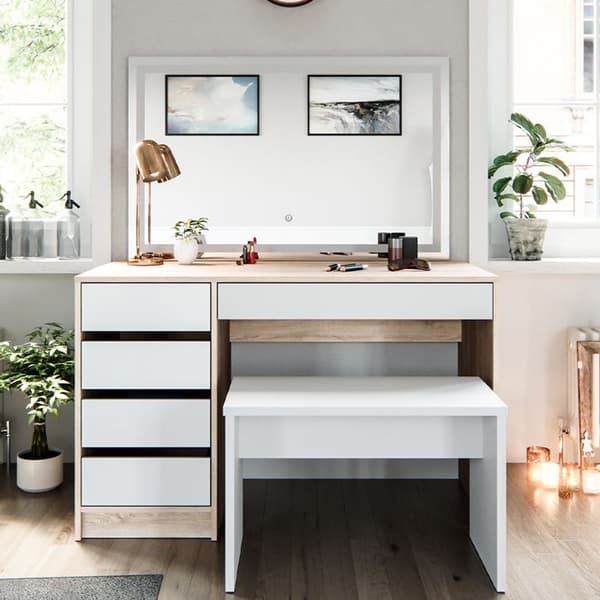 Vicco Sherry sminkbord, Vit/Sonoma, 120 cm med LED-spegel och pall