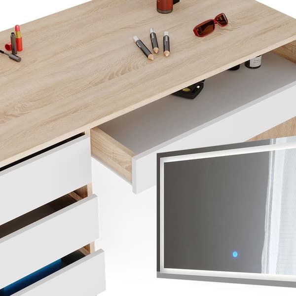 Vicco Sherry sminkbord, Vit/Sonoma, 120 cm med LED-spegel och pall