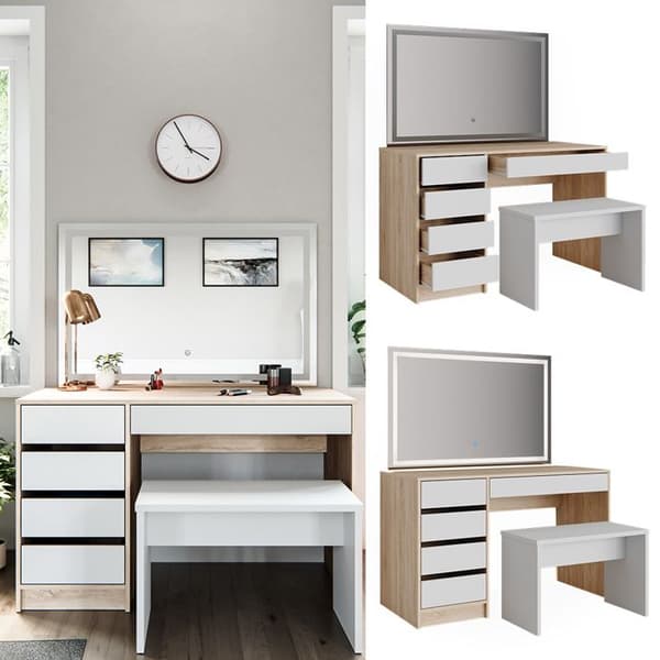 Vicco Sherry sminkbord, Vit/Sonoma, 120 cm med LED-spegel och pall
