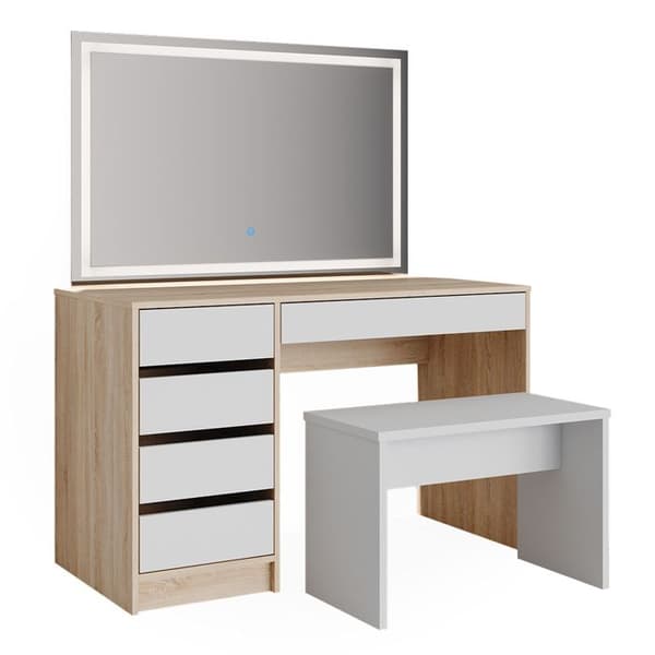Vicco Sherry sminkbord, Vit/Sonoma, 120 cm med LED-spegel och pall