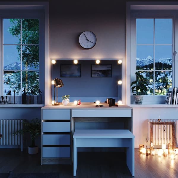 Vicco Sherry sminkbord, Vit/Sonoma, 120 cm med LED-belysning och bänk