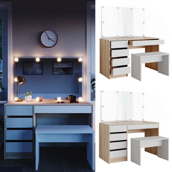 Vicco Sherry sminkbord, Vit/Sonoma, 120 cm med LED-belysning och bänk
