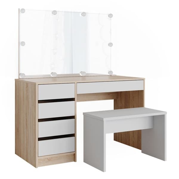 Vicco Sherry sminkbord, Vit/Sonoma, 120 cm med LED-belysning och bänk