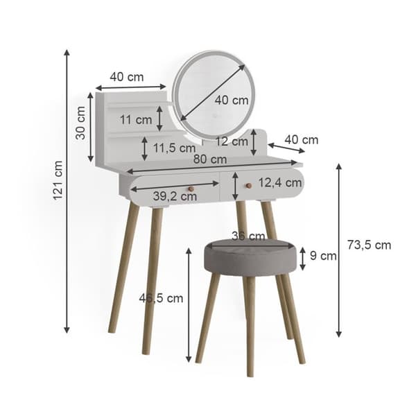 Vicco Edda sminkbord, Vit, 80 cm med LED-belysning och pall