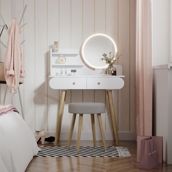 Vicco Edda sminkbord, Vit, 80 cm med LED-belysning och pall
