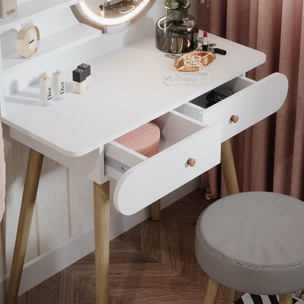 Vicco Edda sminkbord, Vit, 80 cm med LED-belysning och pall