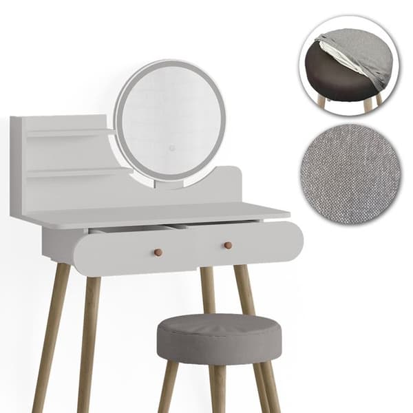 Vicco Edda sminkbord, Vit, 80 cm med LED-belysning och pall
