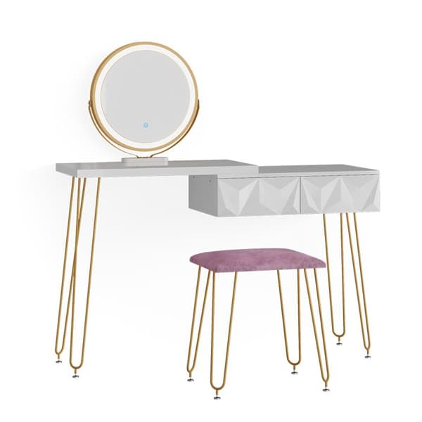 Vicco Bella sminkbord, Vit, 120 cm med LED-belysning och pall