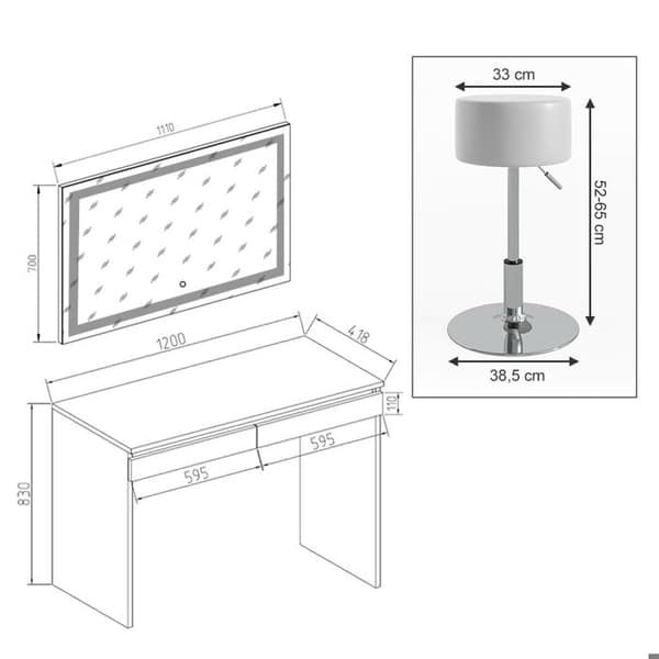 Vicco Emma sminkbord, Vit, 120 cm med LED-spegel och pall