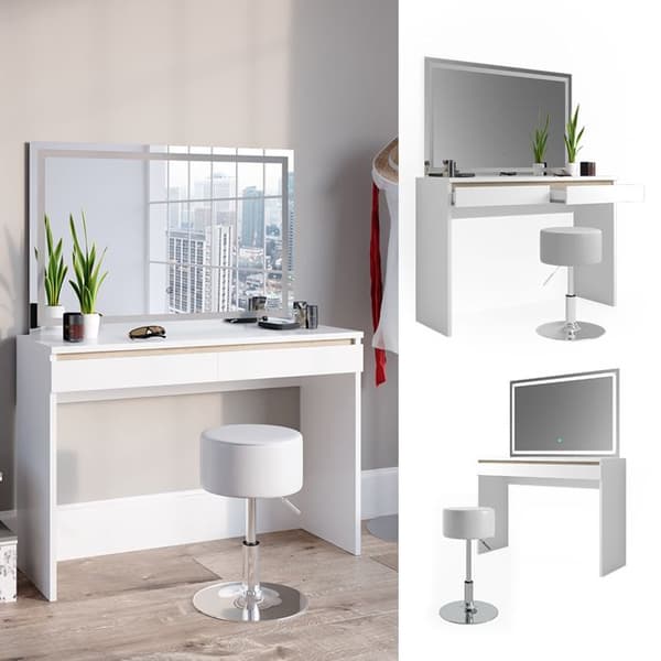 Vicco Emma sminkbord, Vit, 120 cm med LED-spegel och pall