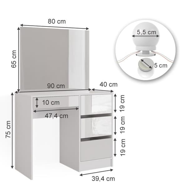 Vicco Sherry Sminkbord, Högglansvit, 90 cm med LED-belysning