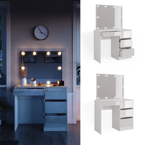 Vicco Sherry Sminkbord, Högglansvit, 90 cm med LED-belysning