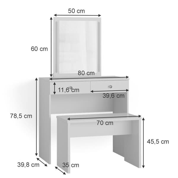 Vicco Elara sminkbord, Vit, 80 cm med LED-belysning och bänk