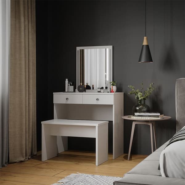 Vicco Elara sminkbord, Vit, 80 cm med LED-belysning och bänk