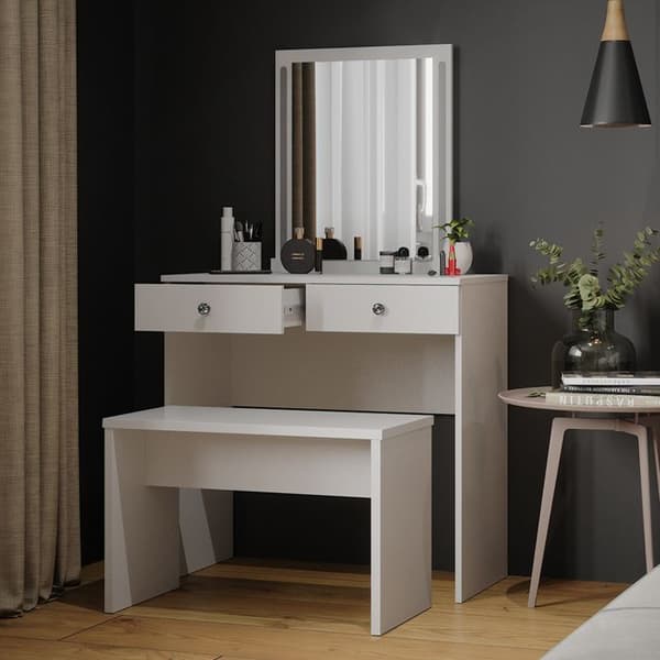 Vicco Elara sminkbord, Vit, 80 cm med LED-belysning och bänk