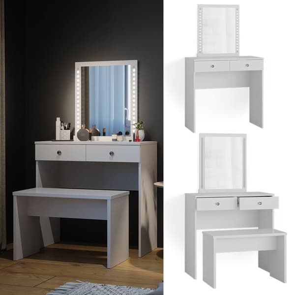 Vicco Elara sminkbord, Vit, 80 cm med LED-belysning och bänk