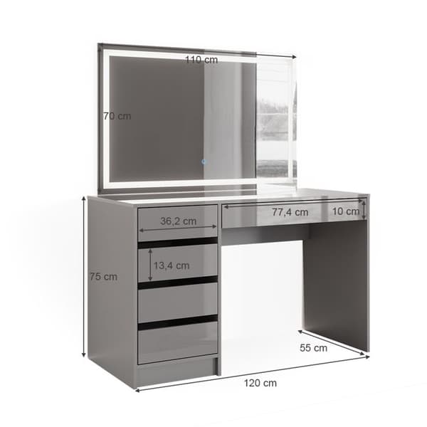 Vicco Sherry sminkbord, Grå Högblank, 120 cm med LED-spegel