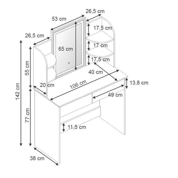 Vicco sminkbord Charlotte, Vit, 108 cm med LED-spegel