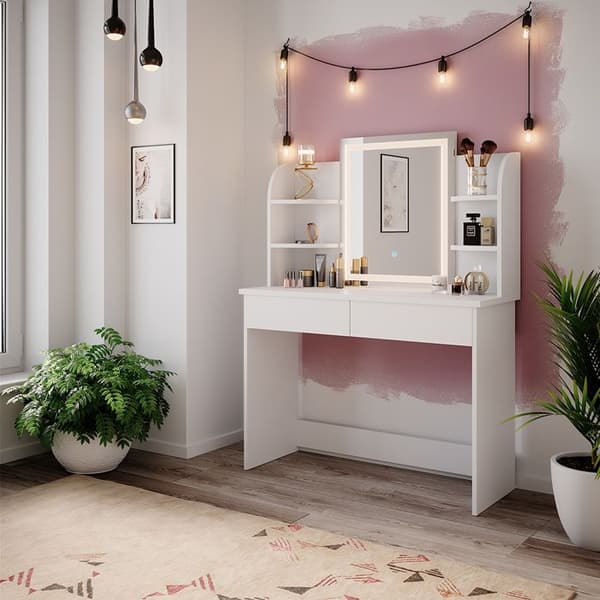 Vicco sminkbord Charlotte, Vit, 108 cm med LED-spegel