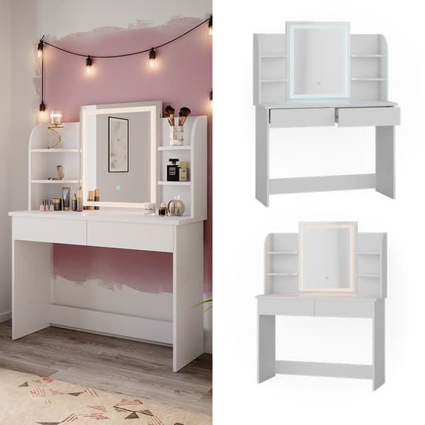 Vicco sminkbord Charlotte, Vit, 108 cm med LED-spegel