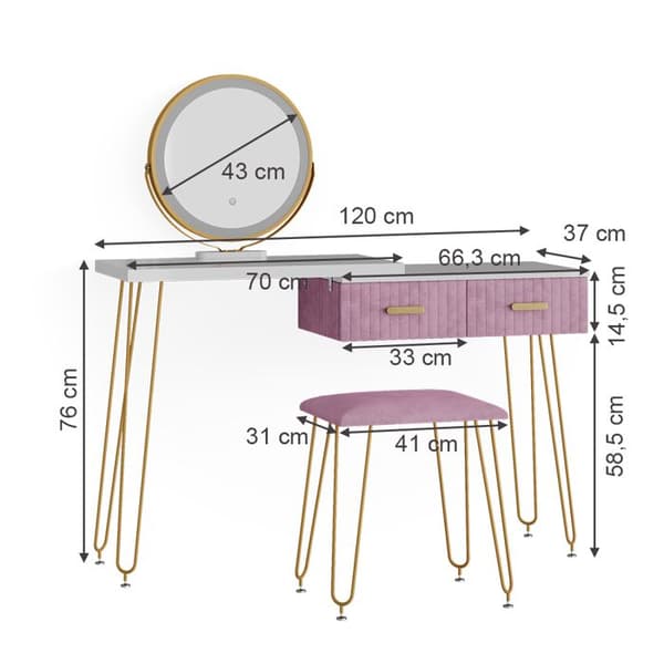 Vicco Zoey sminkbord, Rosa, 120 cm med LED-belysning och pall