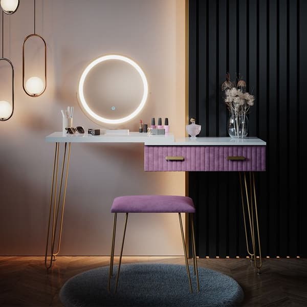 Vicco Zoey sminkbord, Rosa, 120 cm med LED-belysning och pall