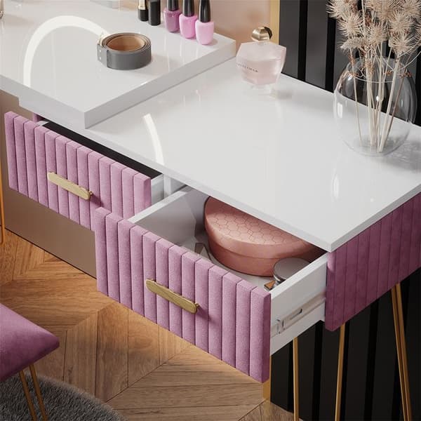 Vicco Zoey sminkbord, Rosa, 120 cm med LED-belysning och pall