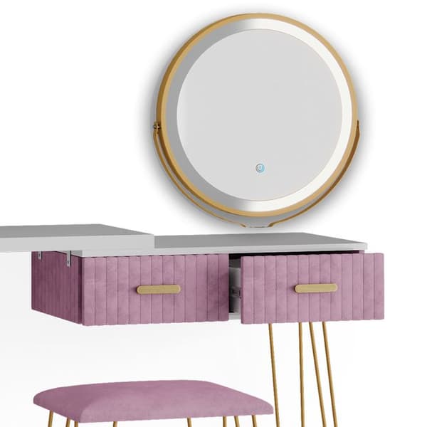 Vicco Zoey sminkbord, Rosa, 120 cm med LED-belysning och pall