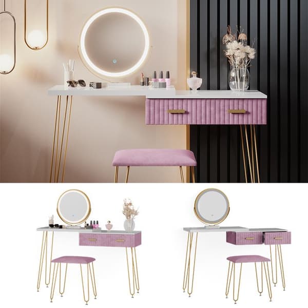 Vicco Zoey sminkbord, Rosa, 120 cm med LED-belysning och pall