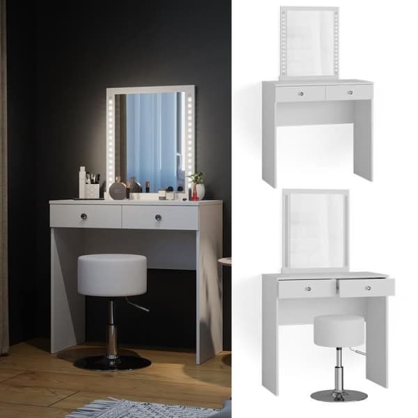 Sminkbord med LED-spegel och pall - Vicco - Elara - Vit