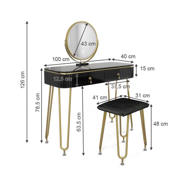 Vicco Grace sminkbord, Svart Högblank, 100 cm med LED-belysning och pall