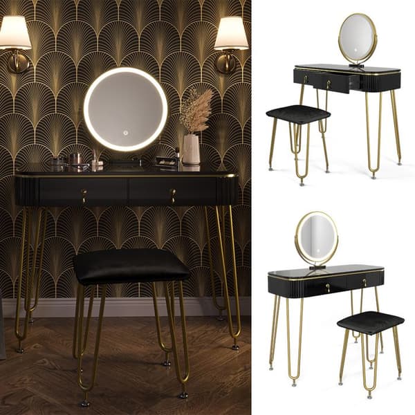 Vicco Grace sminkbord, Svart Högblank, 100 cm med LED-belysning och pall