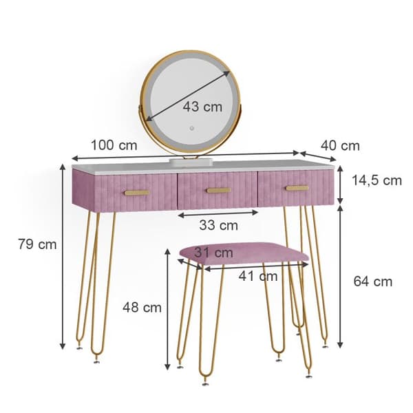 Vicco Layla sminkbord, Rosa, 100 cm med LED-belysning och pall