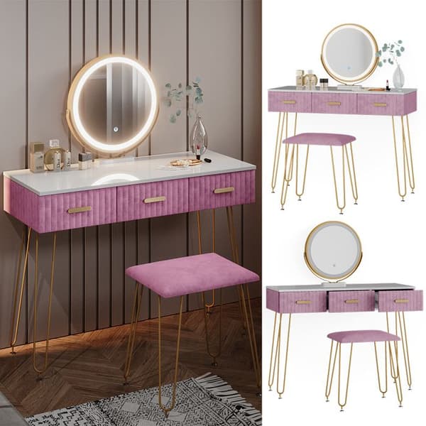 Vicco Layla sminkbord, Rosa, 100 cm med LED-belysning och pall