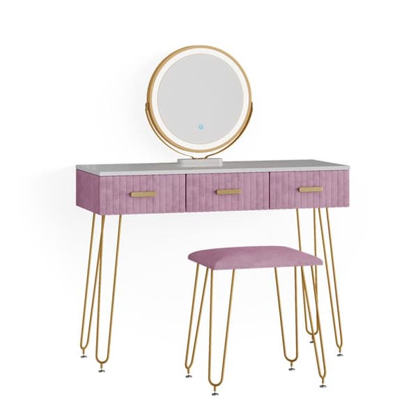 Vicco Layla sminkbord, Rosa, 100 cm med LED-belysning och pall