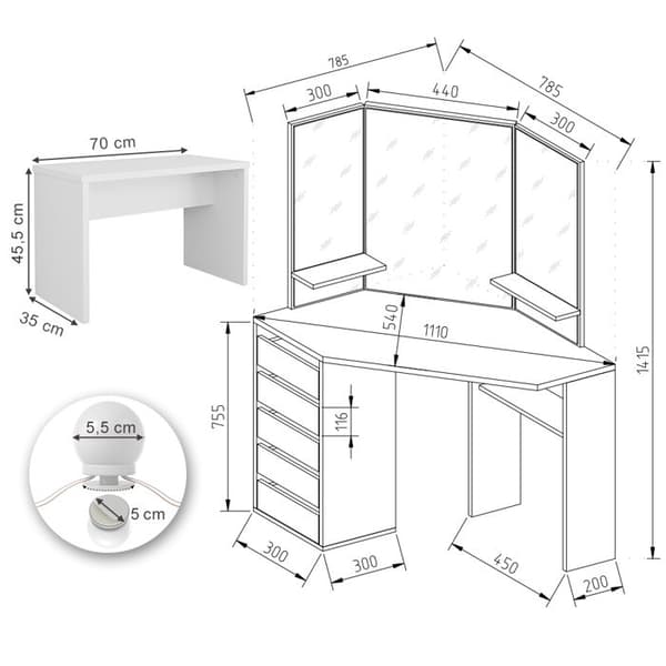 Vicco Arielle sminkbord, Vit, 110 cm med LED-belysning och bänk