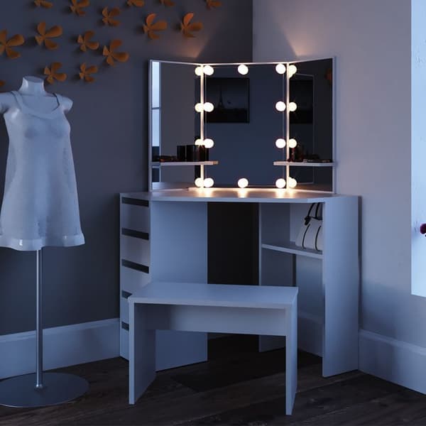 Vicco Arielle sminkbord, Vit, 110 cm med LED-belysning och bänk