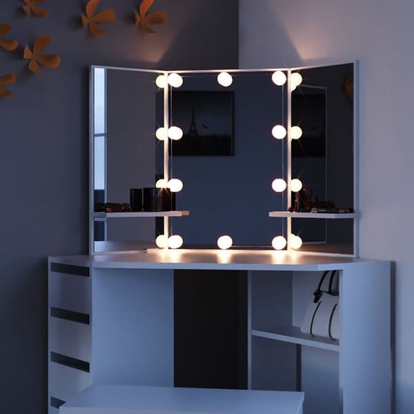 Vicco Arielle sminkbord, Vit, 110 cm med LED-belysning och bänk