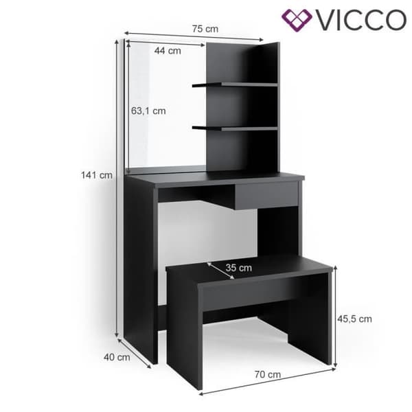 VICCO Dekos Svart sminkbord med bänk