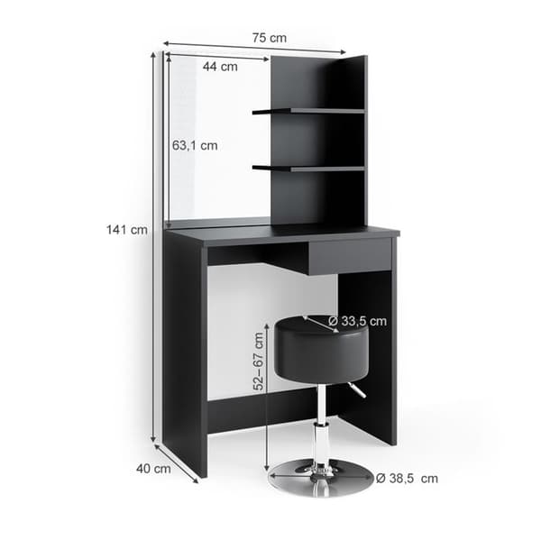 Vicco Dekos sminkbord, Svart, 75 cm med pall