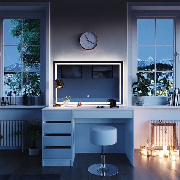 Vicco Sherry sminkbord, Vit Högglans, 120 cm med LED-spegel och pall