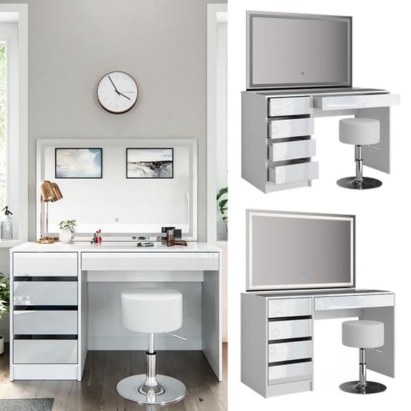 Vicco Sherry sminkbord, Vit Högglans, 120 cm med LED-spegel och pall