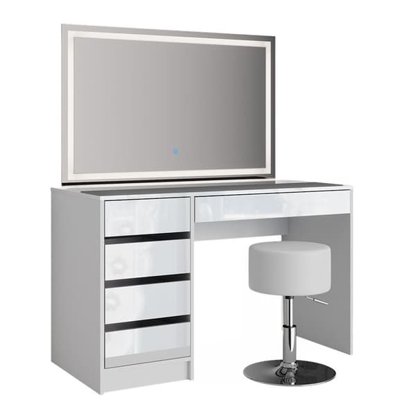 Vicco Sherry sminkbord, Vit Högglans, 120 cm med LED-spegel och pall