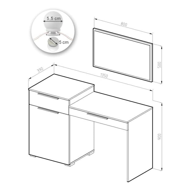 Vicco Lilli sminkbord, Högblank vit, 135 cm med LED-belysning