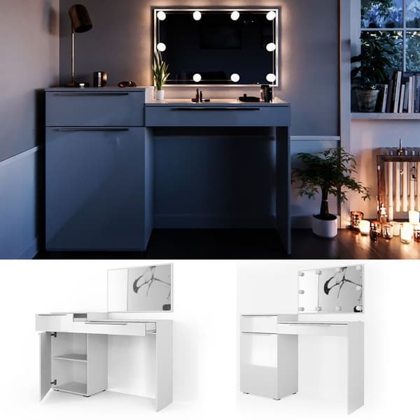Vicco Lilli sminkbord, Högblank vit, 135 cm med LED-belysning