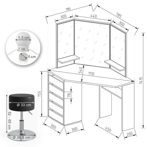 Vicco Arielle sminkbord, Svart, 110 cm med LED-belysning och pall